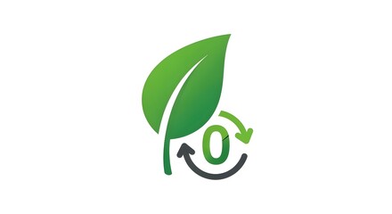 Green leaf with recycling symbol and zero emissions icon represents sustainability and eco-friendly practices