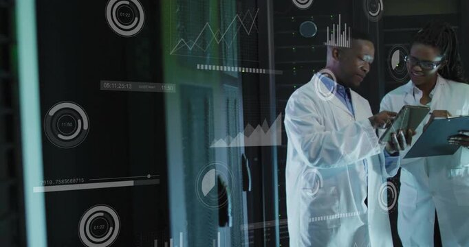 Male tech tapping tablet causing tech charts, female pointing clipboard by racks linking metrics