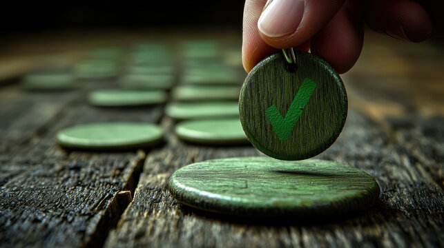Wooden token with green check mark held by hand over wooden surface with more tokens in background, symbolizing approval and success