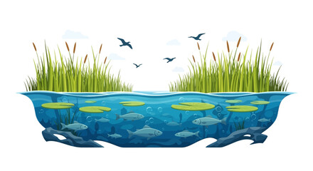 Fototapeta premium Vector illustration of a wetland ecosystem with flora and fauna, featuring a crane, fish, and wetland flowers, celebrating World Wetlands Day on a simple background.