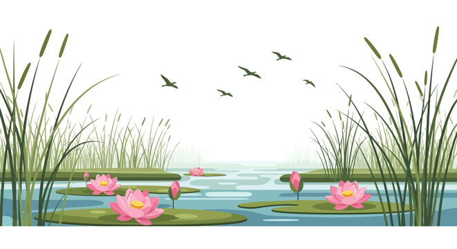 Vector illustration of a serene wetland ecosystem with flora and fauna, featuring a crane, fish, and wetland flowers, celebrating World Wetlands Day with a peaceful background design.