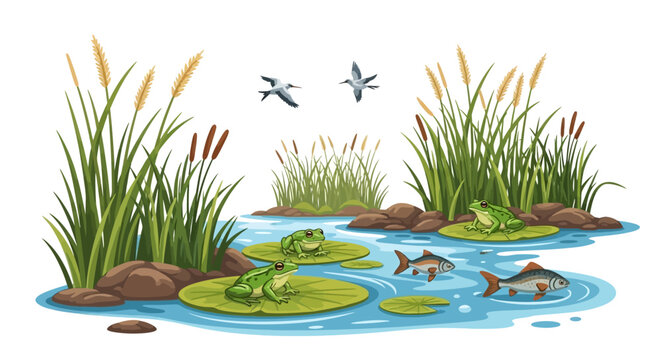 Vector illustration of a serene wetland ecosystem with flora and fauna, featuring a frog on a lily pad, fish swimming, and a crane flying above, celebrating World Wetlands Day on a clean