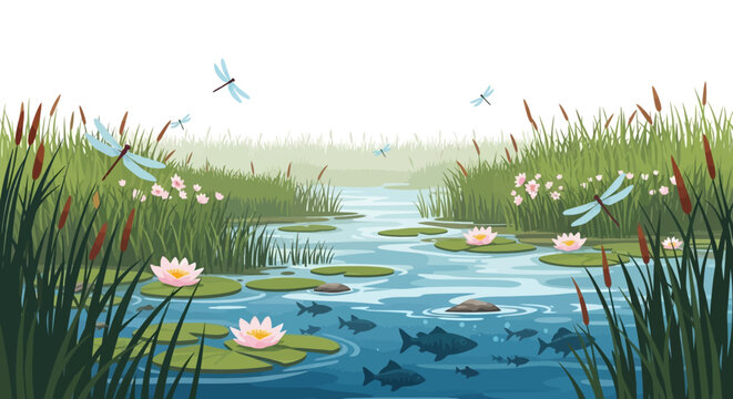 Vector illustration of a serene wetland ecosystem with flora and fauna, featuring a crane, fish, and dragonflies, celebrating World Wetlands Day with a natural background design.