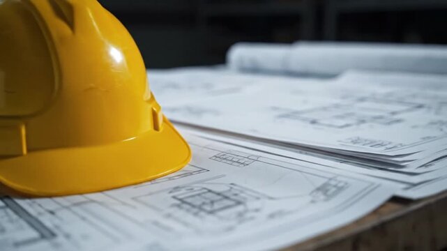 Yellow Hard Hat on Construction Plans.