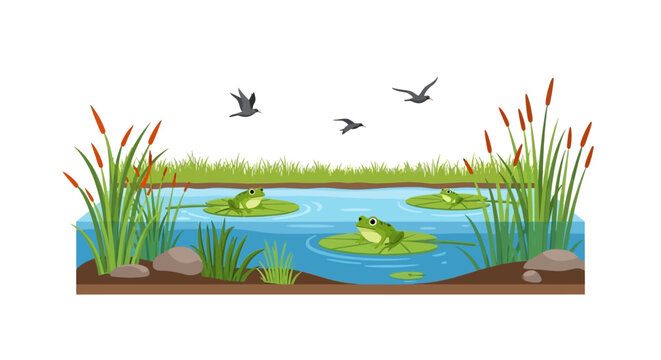 Vector illustration of a serene wetland ecosystem with flora and fauna, featuring a crane, fish, and wetland flowers, celebrating World Wetlands Day on a natural background.