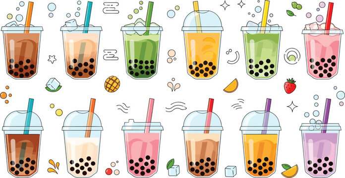 Large collection of colorful bubble tea or boba tea drinks with tapioca pearls fruit flavors and ice in vector