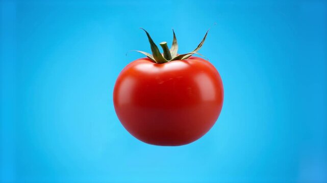 A vibrant red 3D animated tomato with a green stem levitating and rotating. Isolated on a blue background, this dynamic food asset is ideal for advertisements, recipe videos, and healthy eating conten