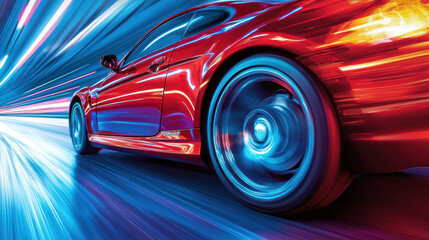 Red sports car speeding on road with motion blur and dynamic light streaks creating energetic and fast atmosphere