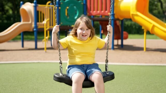 Young Girl Swinging on Playground Equipment.