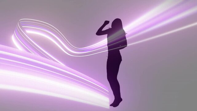 Left purple and white ribbons curling, female silhouette stepping, jumping, creating rhythmic light