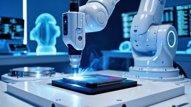 A robotic arm precisely applies a glowing blue substance to a square object on a white platform