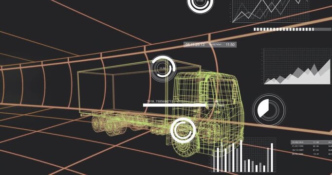 Telemetry update animating gauges, bars and charts around static wireframe truck for diagnostics