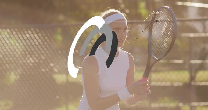 Woman tennis pro tracking incoming ball, swinging racket to return and sports arcs moving with her