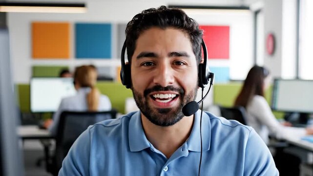 A friendly customer service representative wearing a headset in an office