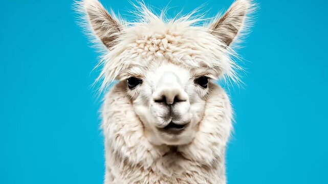 Funny White Alpaca Portrait Against Vibrant Blue Background