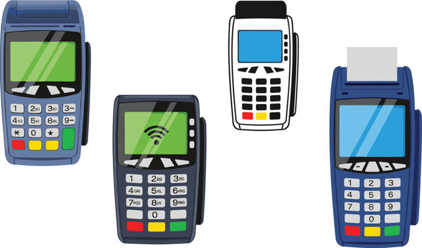 Payment terminal and card reader icon set featuring handheld POS machines with various screen displays and receipt printer in flat vector style