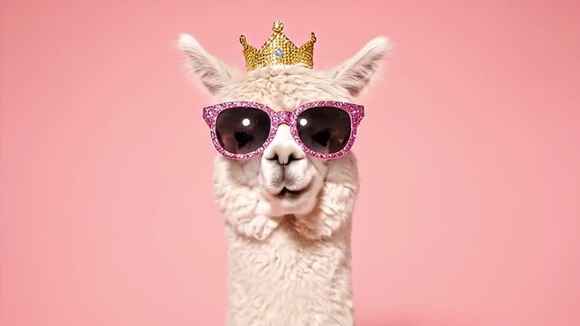 Funny Alpaca Wearing Pink Sunglasses and Gold Crown on Pink Background