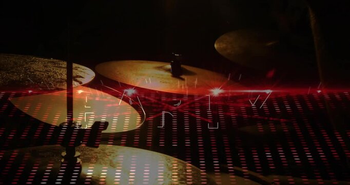 Stick crossing making cymbals gleam, red flare sweeping, LED grid pulsing, PARTY text growing vibe