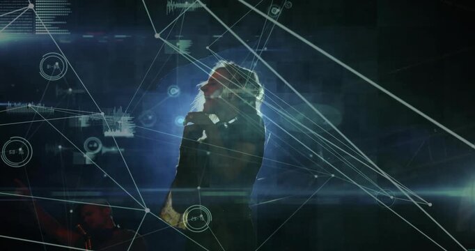 Blue rim haze revealing singer shadow hair flipping turning singing on mic HUD lines converging