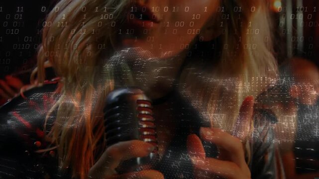 Singing blonde performer gripping retro mic in studio, in studded jacket, choker, binary overlay