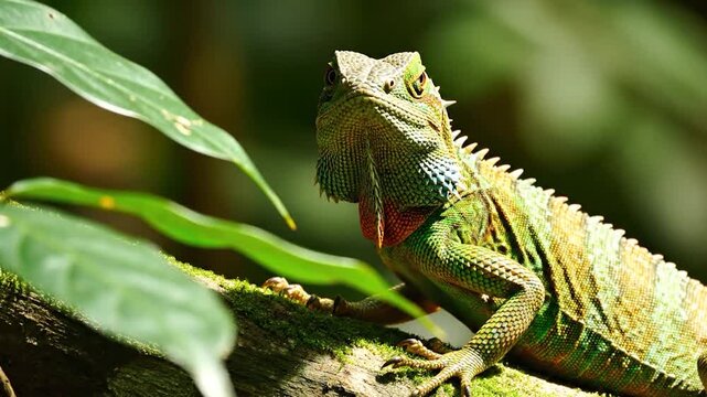 A colorful lizard rests on a mossy branch in a lush green forest