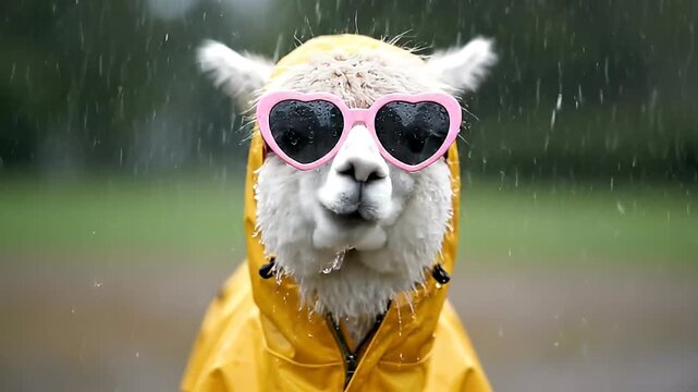 Cute Alpaca in Yellow Raincoat and Heart Sunglasses in Rain