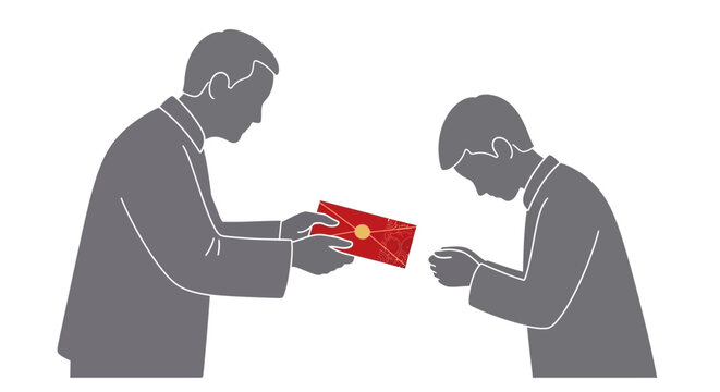 Vector illustration of two people giving and receiving a red envelope on a white background, symbolizing a Chinese New Year tradition.