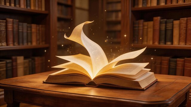 Book with glowing pages on wooden table