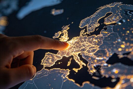 Hand pointing at illuminated map of Europe