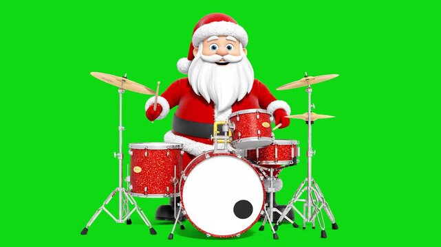 A cheerful 3D Santa Claus character performs as a drummer on a red drum kit against a solid green chroma key background. This festive holiday asset is perfect for Christmas music promos, seasonal gree