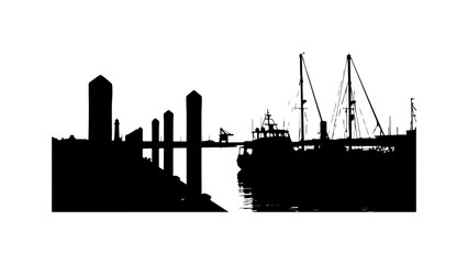 Obraz premium Silhouette of Industrial Harbor with Ships and Cranes