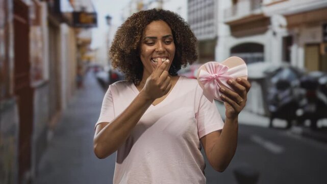 Young african american woman holding a heart shaped gift box and putting candy in her mouth on a city street; sweet joy.