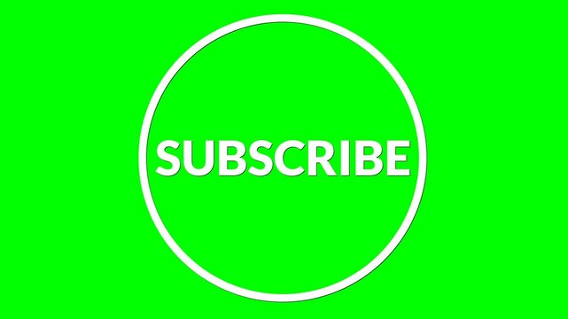 4k seamless looping animation of white subscribe text inside a white circular outline with a moving black shadow underneath, isolated on a green screen background for easy chroma keying