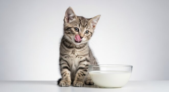 Lindo filhote de gato malhado lambendo os l&aacute;bios ao lado de uma tigela de vidro com leite sobre um fundo claro