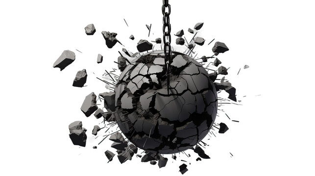 Intricately Cracked Black Sphere Shattering into Floating Debris and Fragments