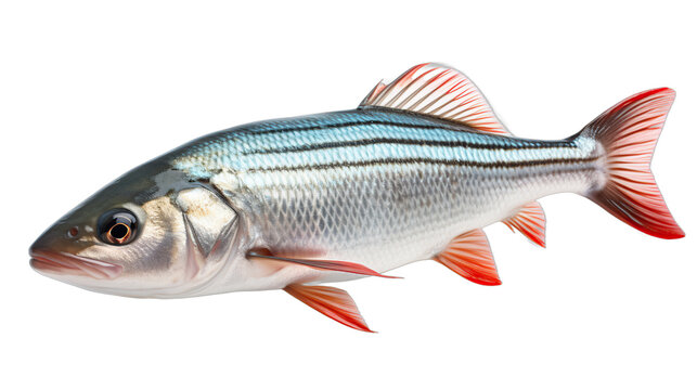 Iridescent Silvery Fish with Bright Red Fins and Forked Tail in Profile