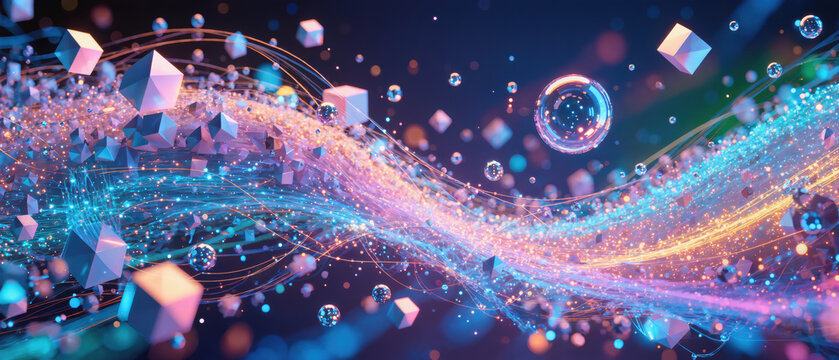 Abstract wave light particle mindscape bubble flow cube energy motion glitter fantasy neon dynamic colorful digital art