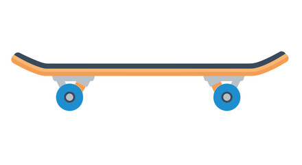 A flat colorful illustration of a skateboard with blue wheels and an orange deck © JOHIRUL_STUDIO