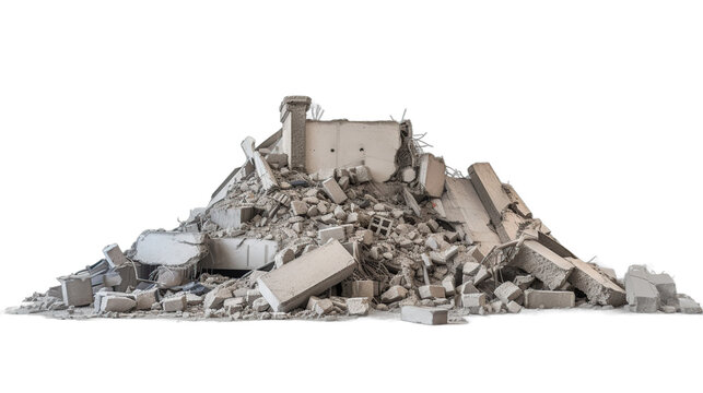 Large chaotic heap of demolished concrete, bricks, and construction rubble