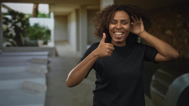 Woman giving thumbs up and holding hand to ear in a spa building poolside lounge; happiness relaxation wellness.