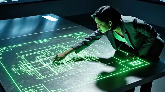 A woman interacts with a futuristic, glowing green architectural blueprint on a large table