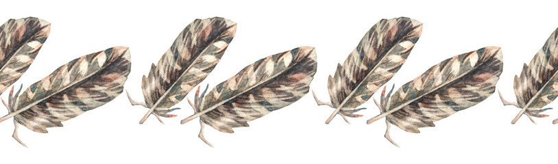 Watercolor seamless border with brown and black bird feather with stripe and ornate on white background. Hand-drawn plume. Wildlife art. Rim for sticker wallpaper or wrapping. Celebration wedding © NatashaKun