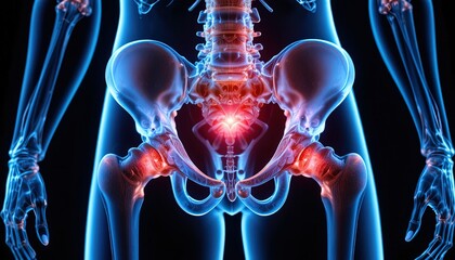 Hip Pain: Medical Illustration of Human Skeleton with Highlighted Hip Joint and Lumbar Spine, Indicating Pain and Inflammation