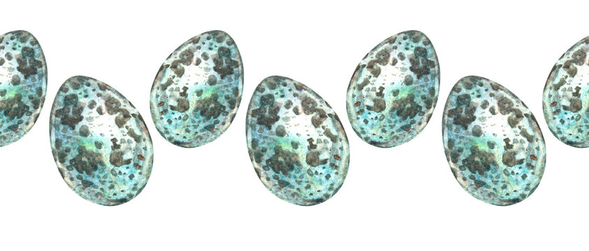 Watercolor seamless rim with Easter thrush or starling egg on white background. Celebration food for spring menu. Blue border with new life of bird jay. Hand-drawn cookbook wallpaper or wrapping