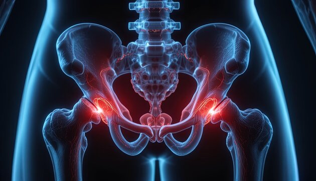 Human Pelvis and Hips Anatomy Illustration with Pain Indication in the Hip Joints, Medical Visualization