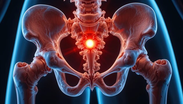 Detailed Illustration of Human Pelvis with Lumbar Spine and Sacroiliac Joint Pain