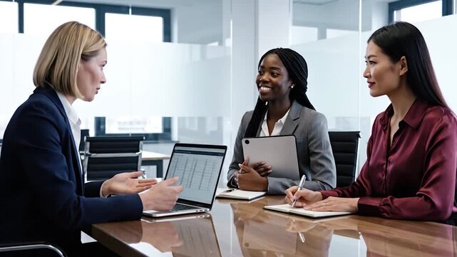 Diverse professionals collaborating in a modern office meeting room