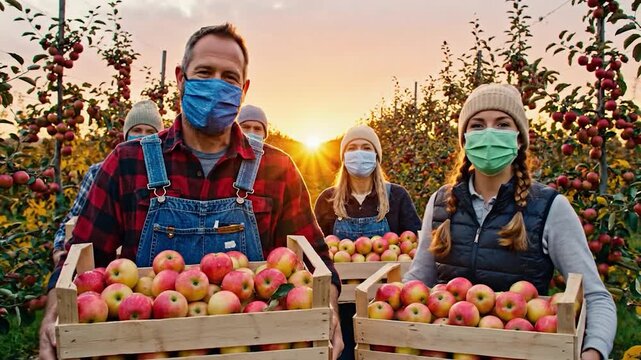 Farmers carrying crates of ripe fruit during a golden sunset