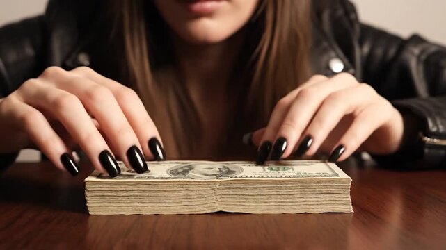 Person's hands with long nails touching a stack of currency