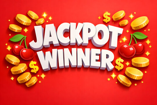 Jackpot Winner 3D Paper Cut Text with Gold Coins on Cherry Red